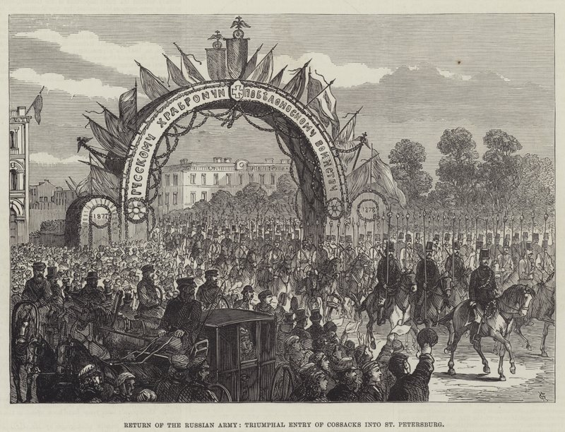Return of the Russian Army, Triumphal Entry of Cossacks in St Petersburg (gravering) av English School