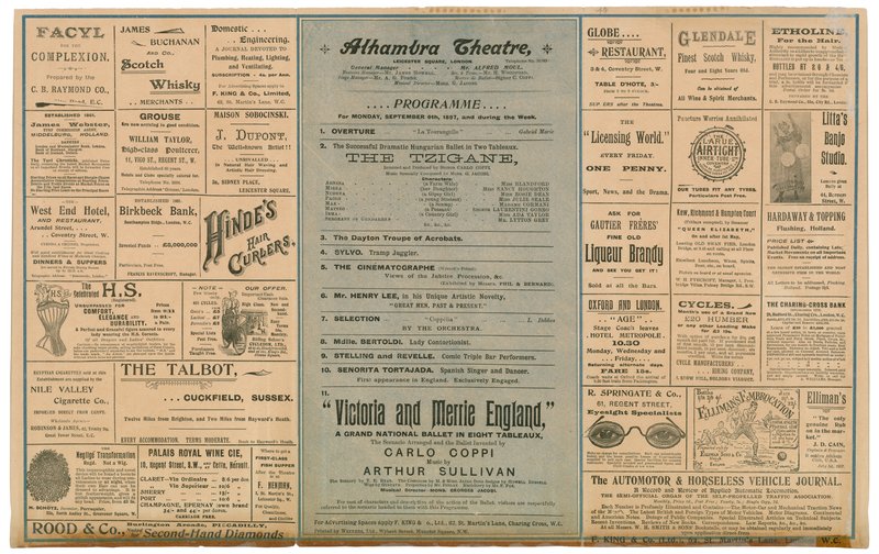 Baksiden av et reklamehefte for Alhambra Theatre av English School