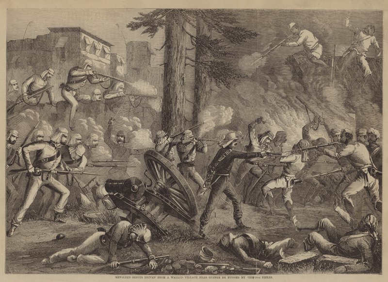 Revolted Sepoys drevet fra en befestet landsby nær Guznee de Nugger av 60th Rifles (gravering) av English School