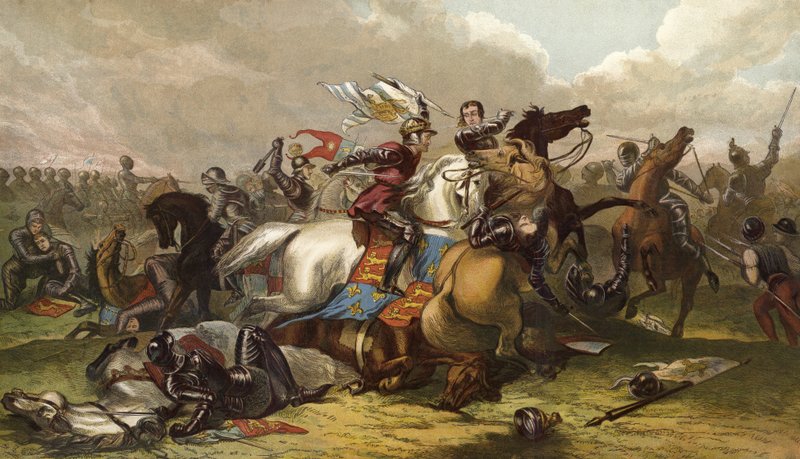 Richard III og jarlen av Richmond i slaget ved Bosworth av English School