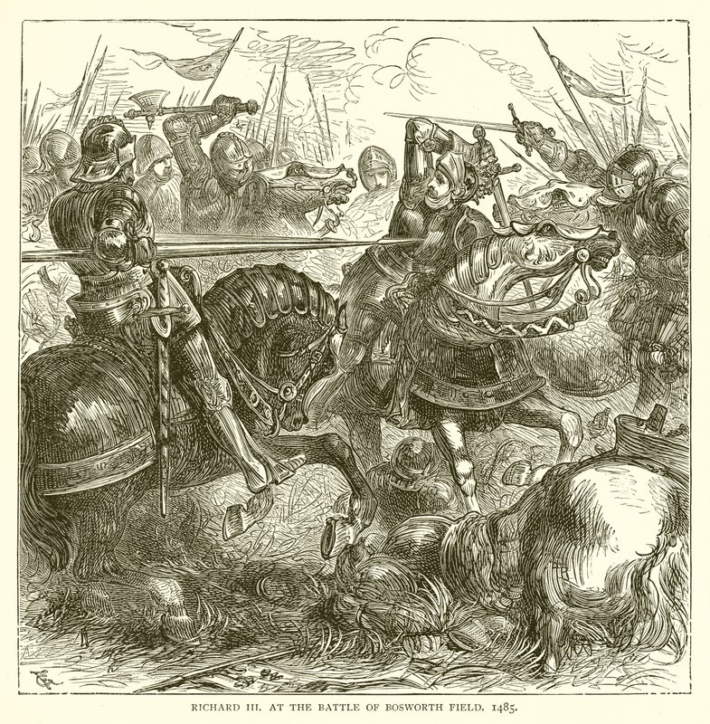 Richard III i slaget ved Bosworth Field, 1485 av English School