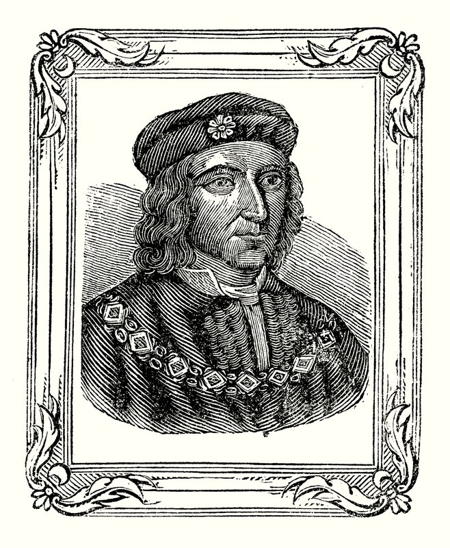 Richard III ble født i 1450, kronet i 1483, drept i 1485 (gravering) av English School