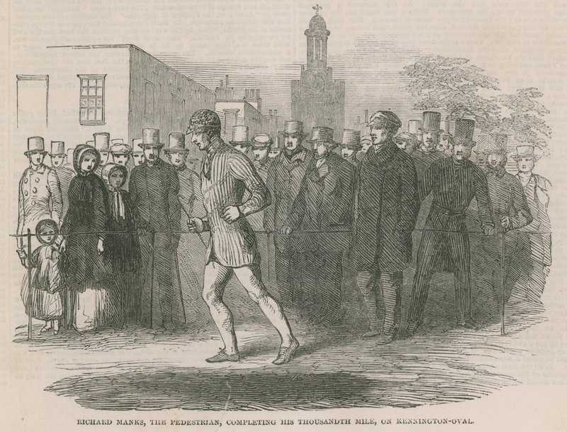 Richard Manks, fotgjengeren, fullfører sin tusende mil på Kennington Oval av English School