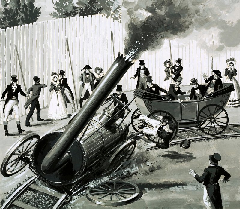 Richard Trevithick bygde en liten sirkulær jernbane i London for å introdusere folk til togreise (gouache på papir) av English School