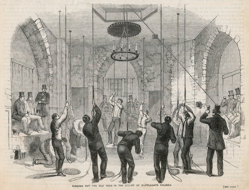 Ringer ut det gamle året i Bellfry of Cripplegate Church av English School