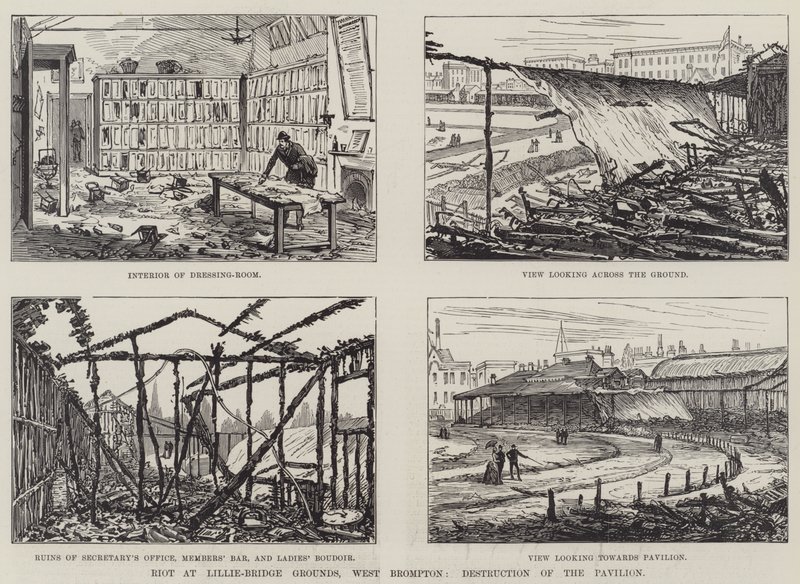 Opprør ved Lillie-Bridge Grounds, West Brompton, Destruction of the Pavilion (gravering) av English School