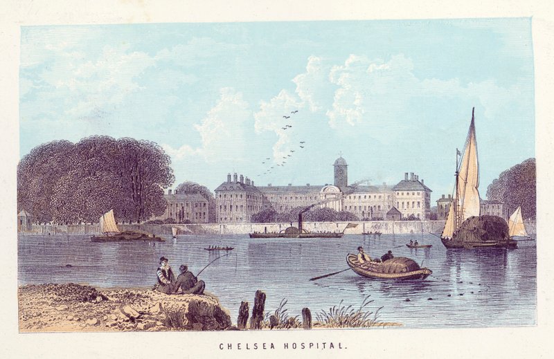 Themsen: Chelsea Hospital (farget gravering) av English School