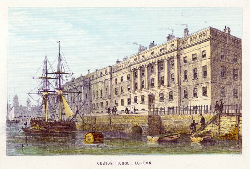 Themsen: Custom House, London (farget gravering) av English School