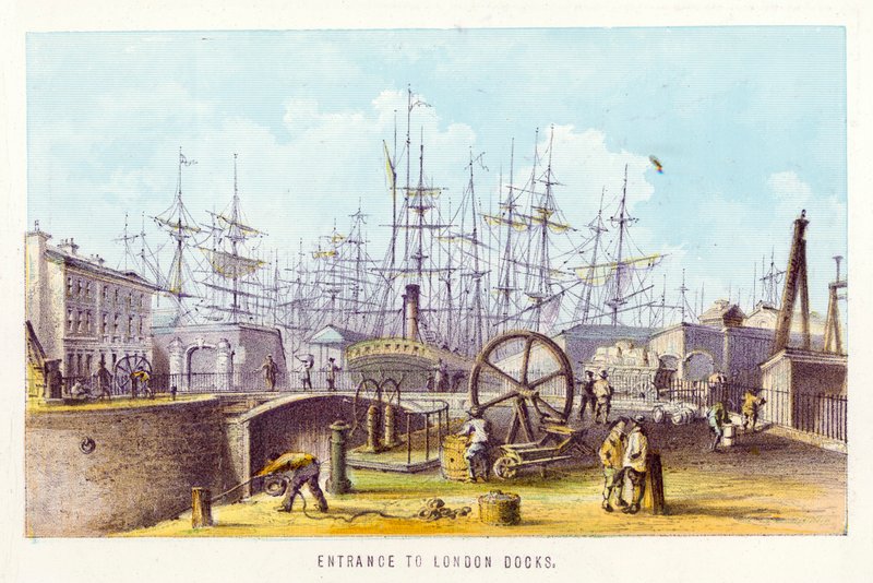 Themsen: Inngang til London Docks (farget gravering) av English School