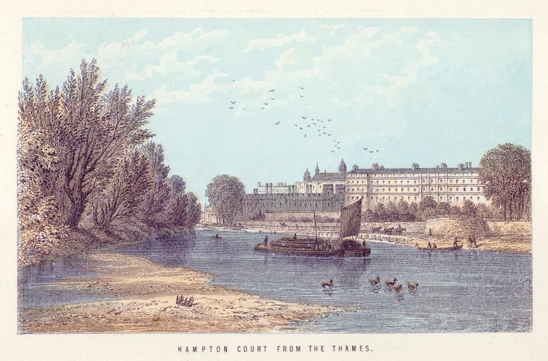 Themsen: Hampton Court fra Themsen (farget gravering) av English School