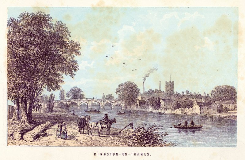 Themsen: Kingston-on-Thames (farget gravering) av English School