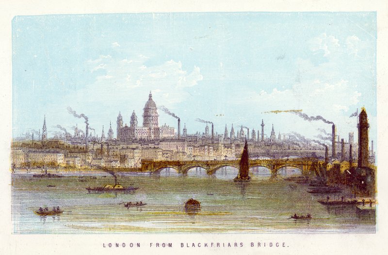 Themsen: London fra Blackfriars Bridge (farget gravering) av English School