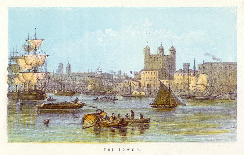Themsen: The Tower (farget gravering) av English School