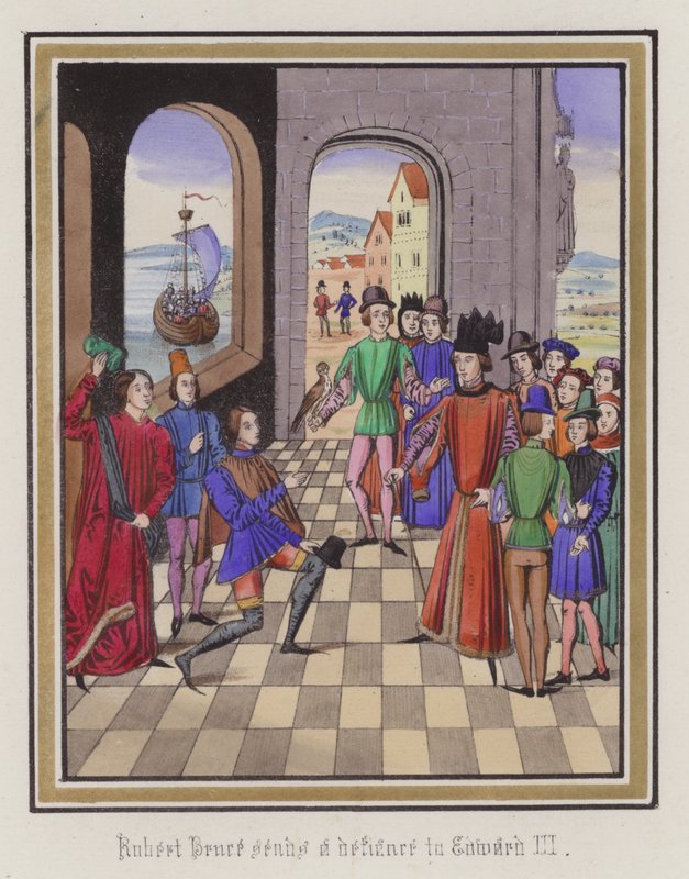 Robert Bruce trosser kong Edward III (farget gravering) av English School