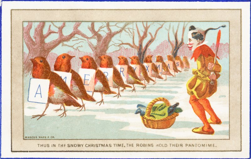 Robins og klovn i snøen, julekort av English School
