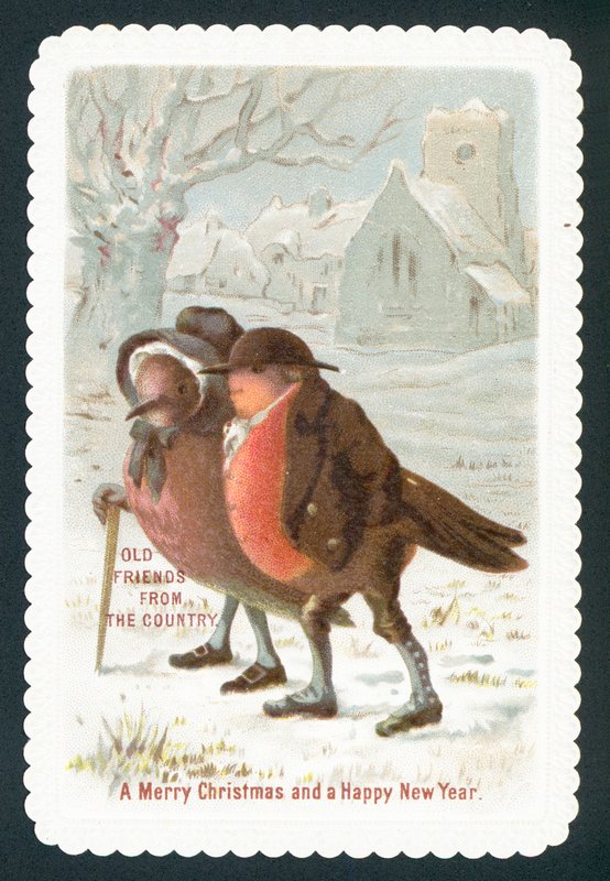 Robins iført klær, julekort av English School