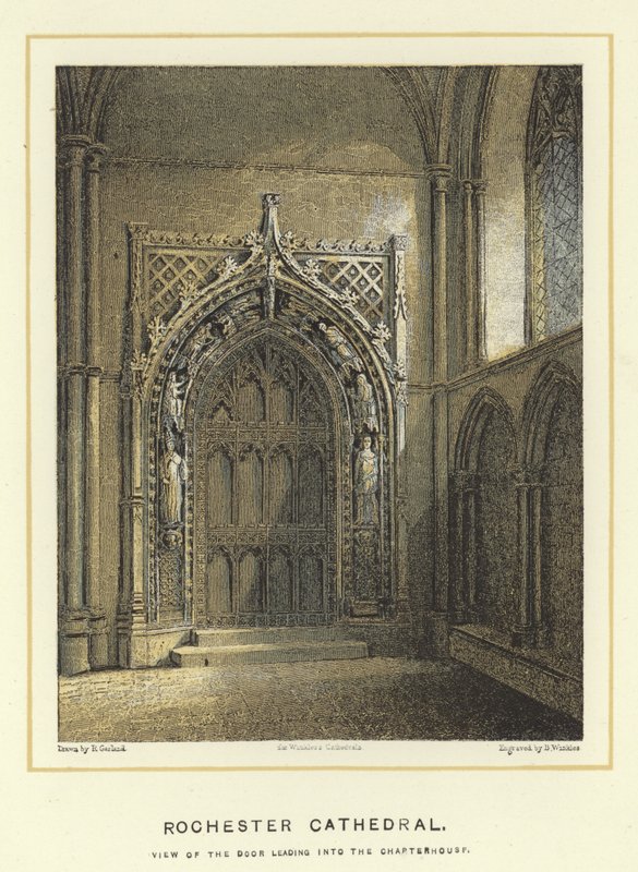 Rochester Cathedral, utsikt over døren som fører inn til kapittelhuset av English School