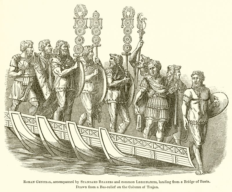 Romersk general, akkompagnert av fanebærere og vanlige legionærer, lander fra en bro av båter av English School