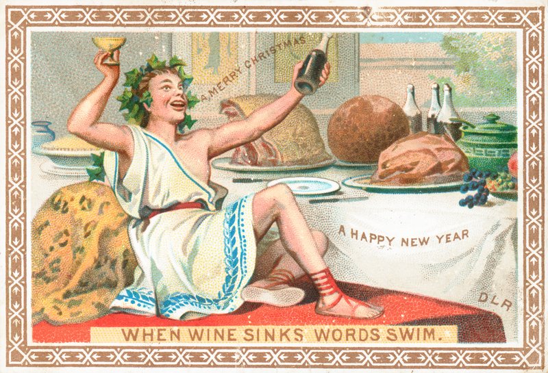 Roman nyter vin og julefest, julekort av English School