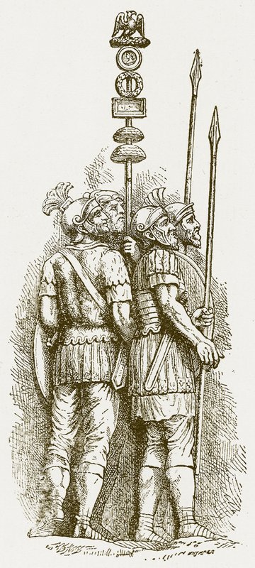 Romerske soldater, illustrasjon for History of England av H. O. Arnold-Forster, utgitt 1897 (digitalt forbedret bilde) av English School