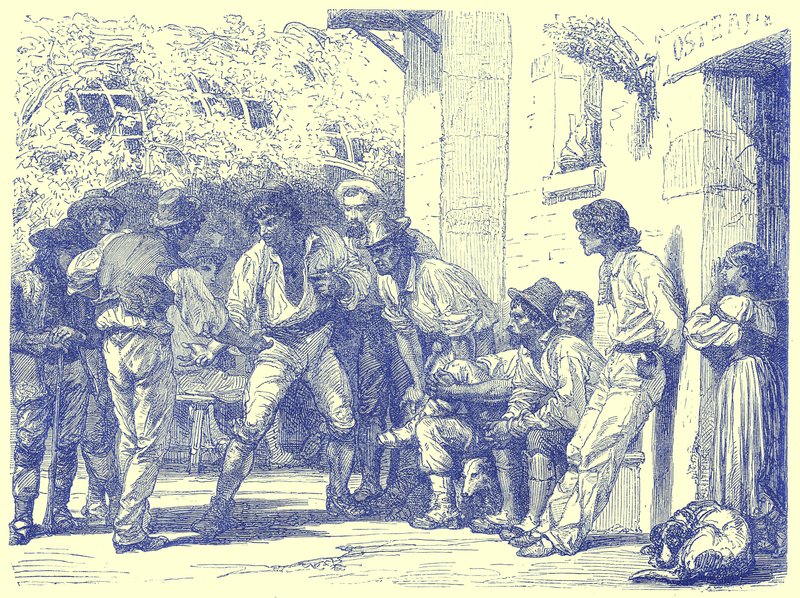 Romans playing at Mora, illustrasjon fra Illustrated Travels, redigert av H. W. Bates, publisert ca. 1880 (digitalt forbedret bilde) av English School