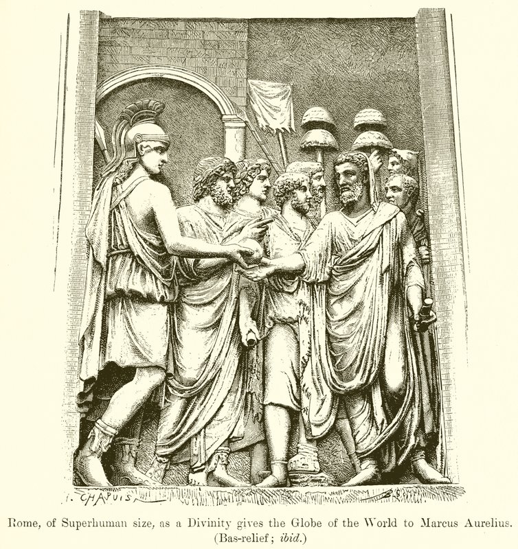 Roma, av overmenneskelig størrelse, gir som en guddommelighet verdenskloden til Marcus Aurelius. (Bas-relieff; ibid) av English School