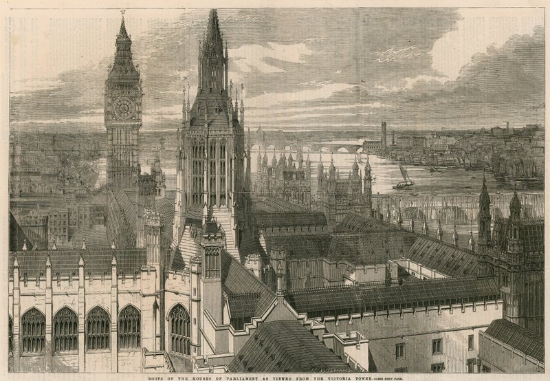 Takene på Houses of Parliament sett fra Victoria Tower av English School