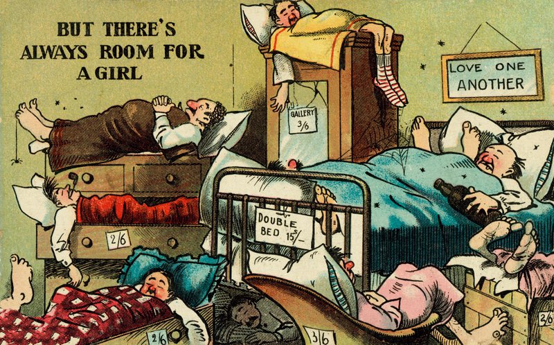 Rom fullt av menn som sover på alle tilgjengelige rom (farge litho) av English School