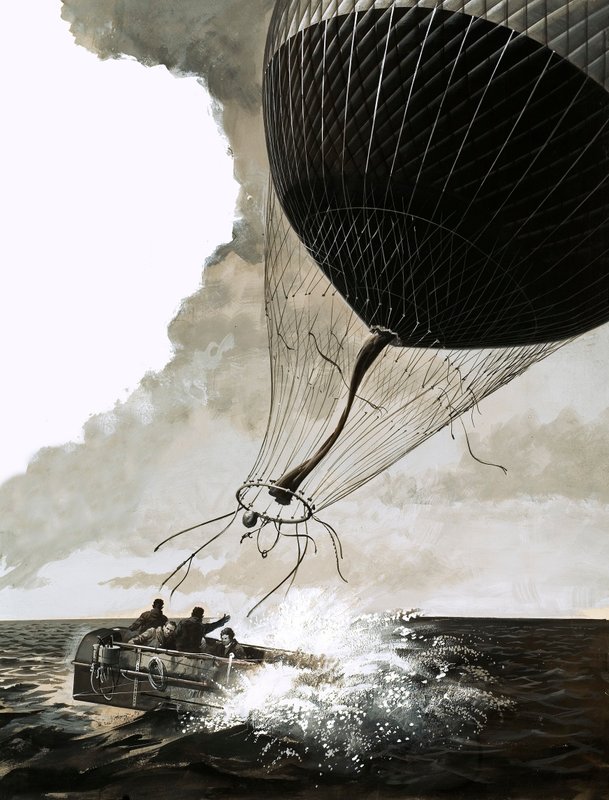 Rosemary Mudie og mannen hennes forsøker en transatlantisk kryssing med ballong (gouache på papir) av English School