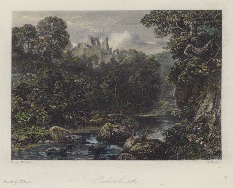 Roslin Castle, Skottland (farget gravering) av English School
