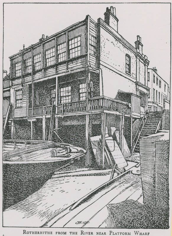 Rotherhithe fra Themsen nær Platform Wharf; Engelen av English School