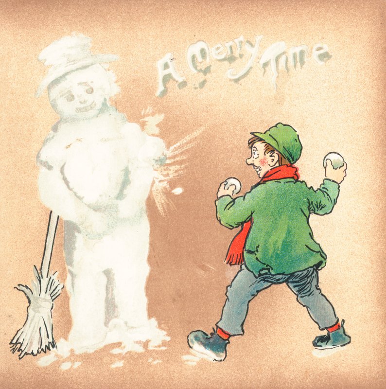 Røff gutt som kaster snøballer på Snowman, julekort av English School