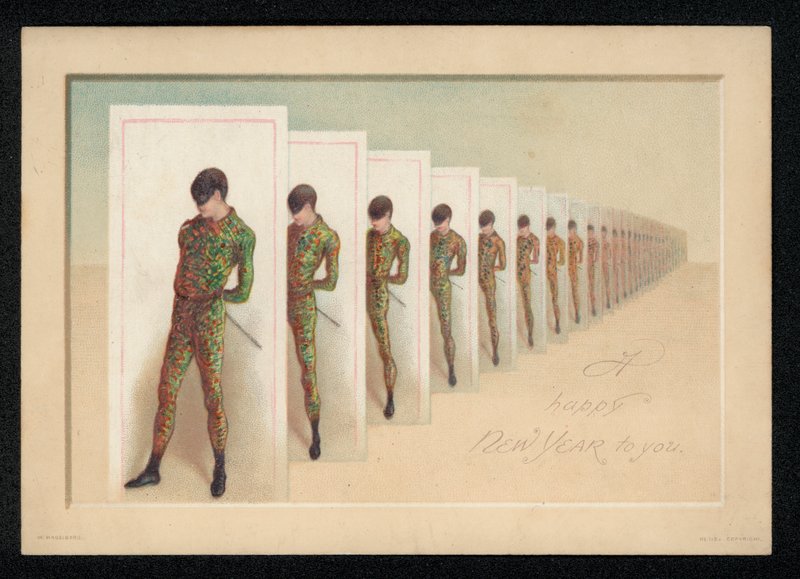 Rad med kort med et bilde av en maskert mann, nyttårskort (chromolitho) av English School