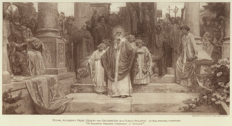 Royal Academy Prize Design for dekorasjon av en offentlig bygning, "St Augustine Preaching Christianity in England" (gravering) av English School