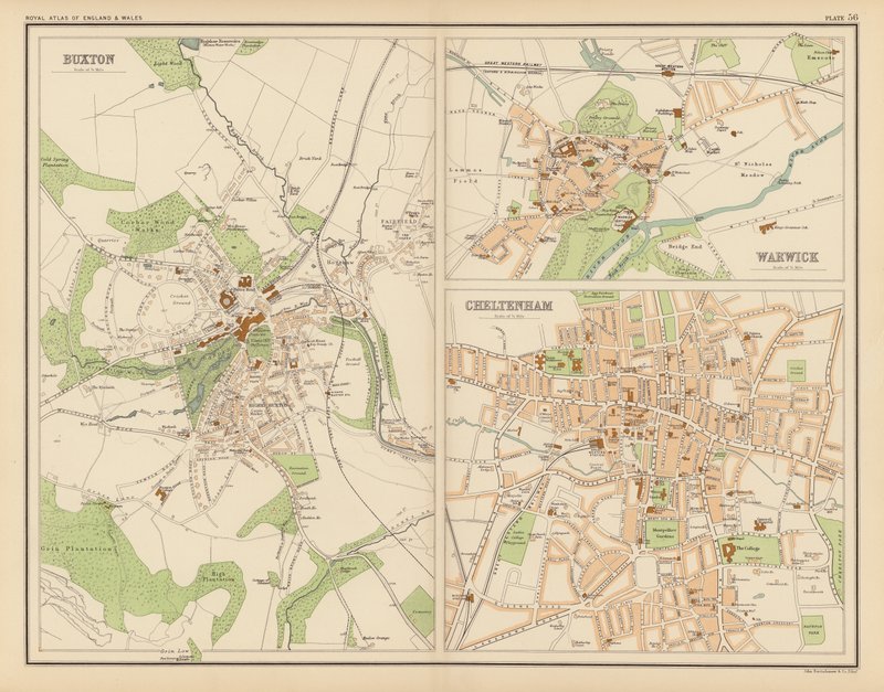 Royal Atlas, ca 1900: Buxton; Warwick; Cheltenham (farge litho) av English School