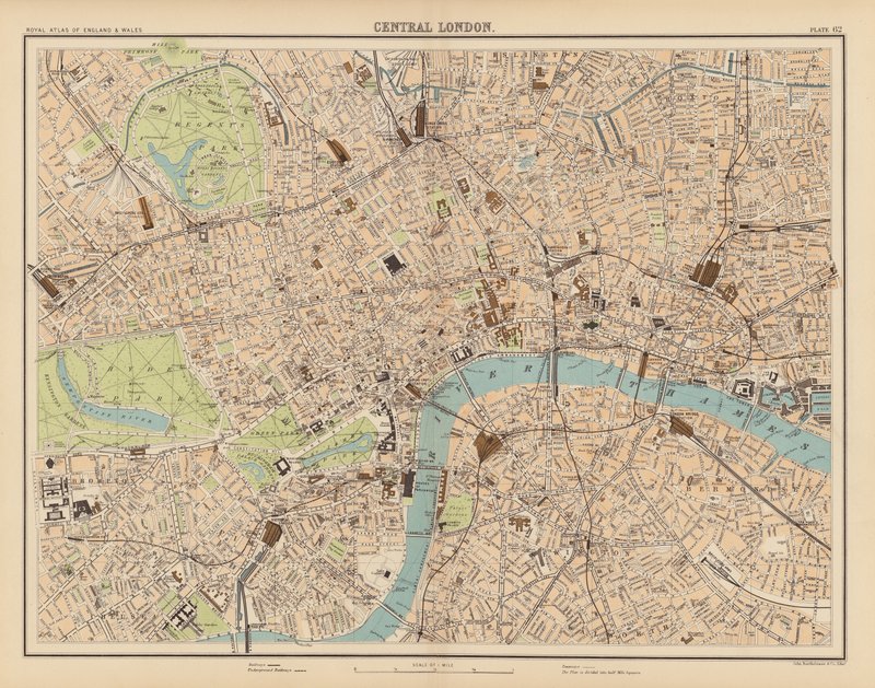 Royal Atlas, ca 1900: London sentrum (litho-farge) av English School