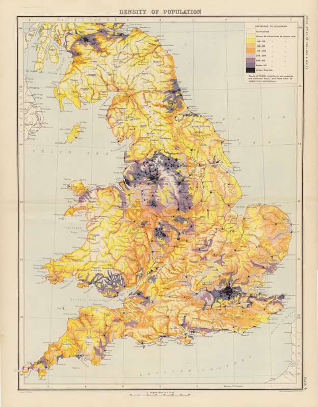 Royal Atlas, ca 1900: Befolkningstetthet (farge litho) av English School