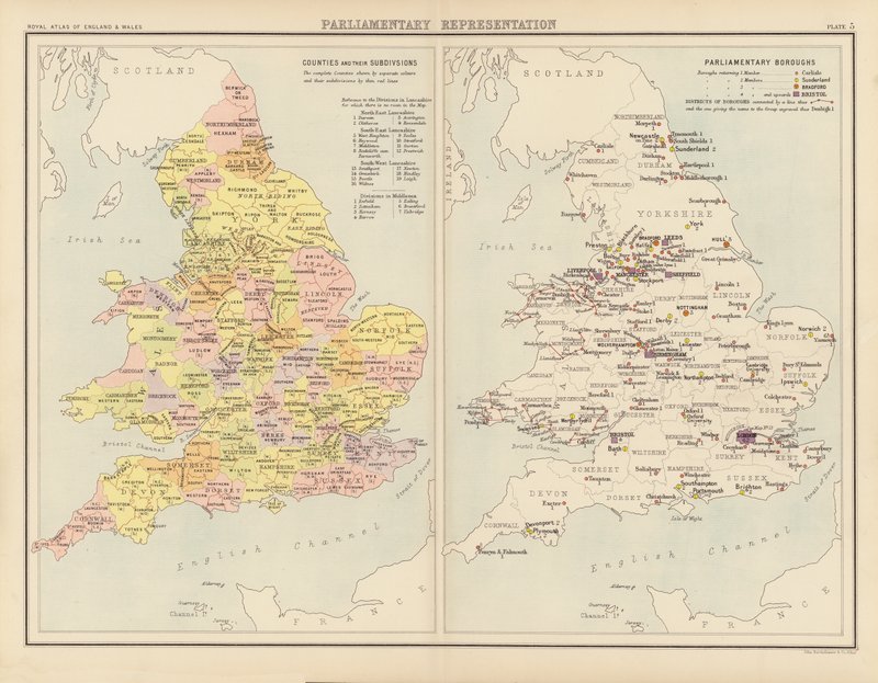 Royal Atlas, ca 1900: Parlamentarisk representasjon (farge litho) av English School