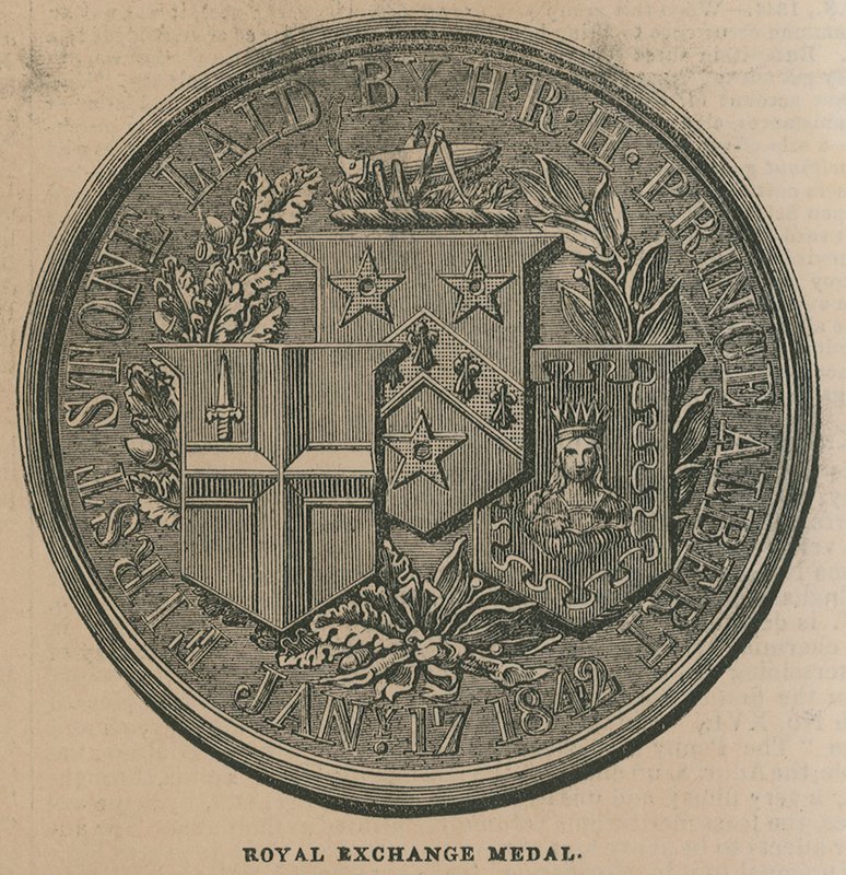 Royal Exchange Medal, slått til for å minnes åpningen av Royal Exchange i 1844 av English School