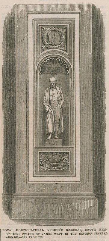 Royal Horticultural Society Gardens, South Kensington: statue av James Watt i den østlige sentrale arkaden av English School