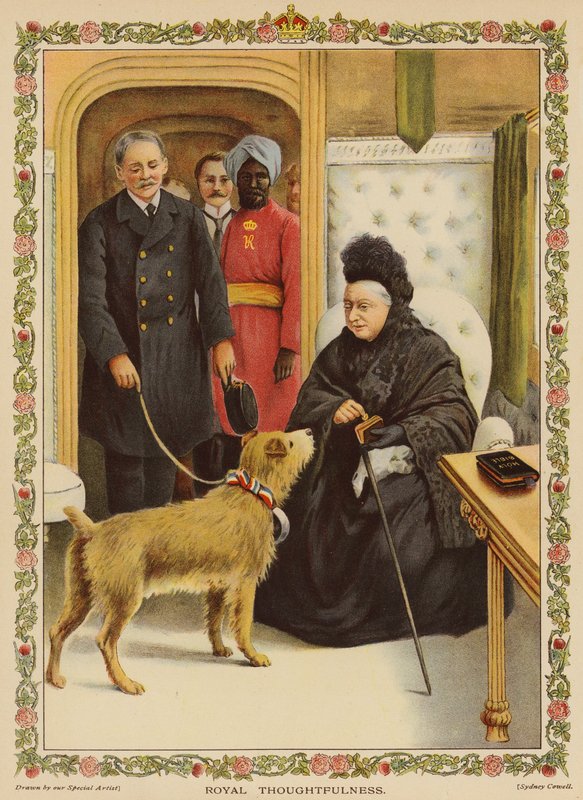 Royal Thoughtfulness - Dronning Victoria på Paddington Station, gir en veldedig donasjon (chromolitho) av English School