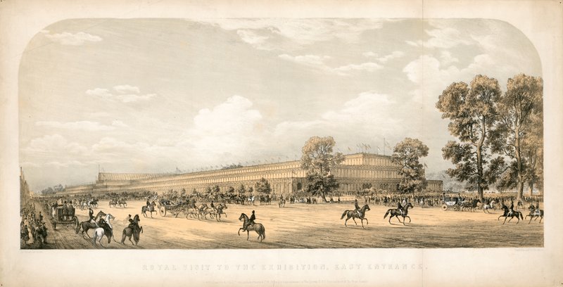 Kongelig besøk til den store utstillingen 1851, østre inngang av English School