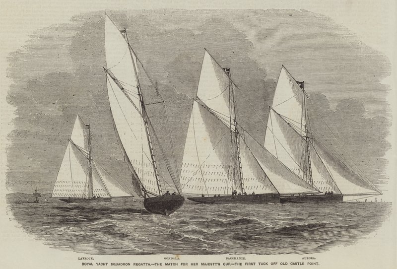 Royal Yacht Squadron Regatta, kampen om Hennes Majestets cup, den første tacken av Old Castle Point (gravering) av English School