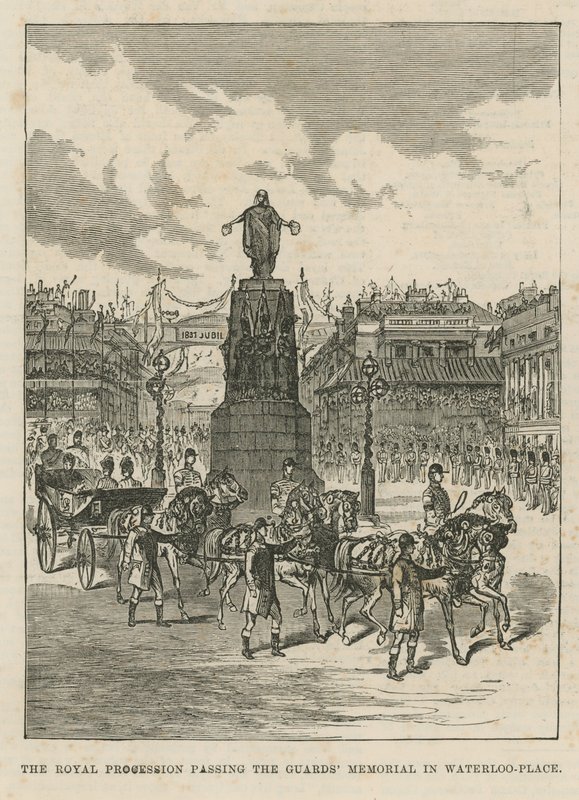 Kongelig prosesjon som passerer Guards Memorial i Waterloo Place av English School