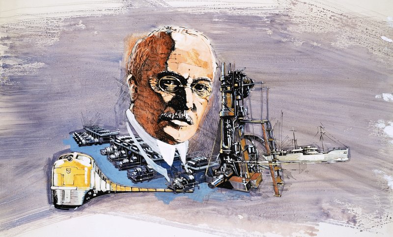 Rudolf Diesel mot bakgrunn av tog, båter og brygger av English School
