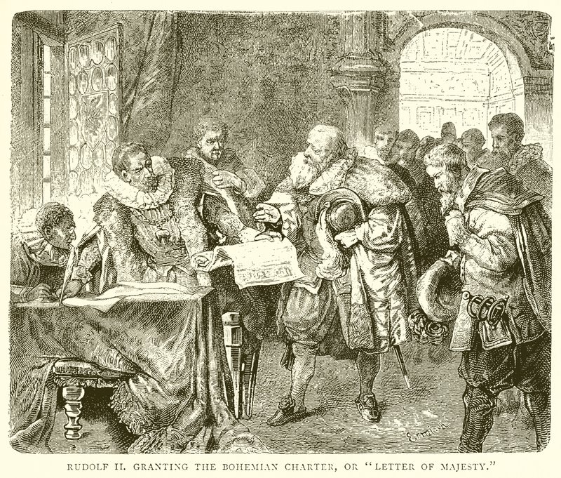 Rudolf II gir Bohemian Charter, eller Majestetsbrev av English School