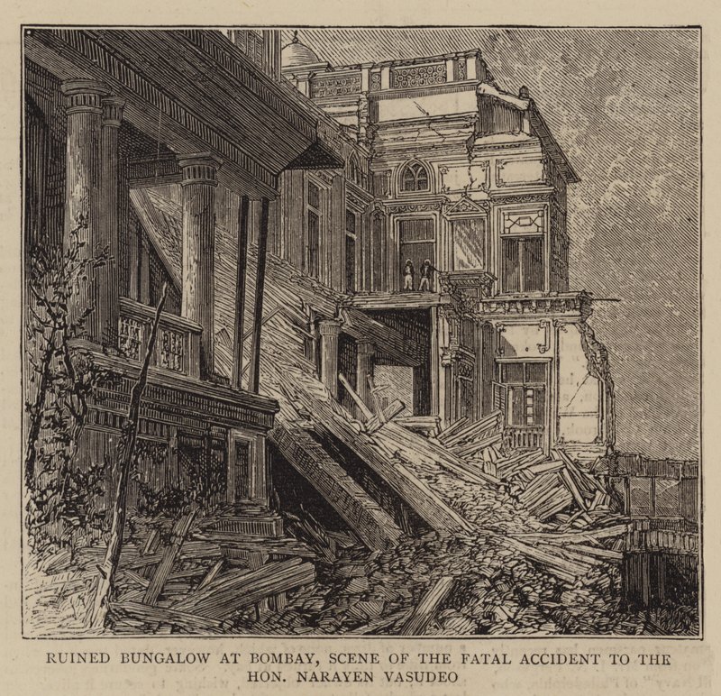 Ødelagt bungalow i Bombay, scene for den dødelige ulykken til den ærede Narayen Vasudeo (gravering) av English School