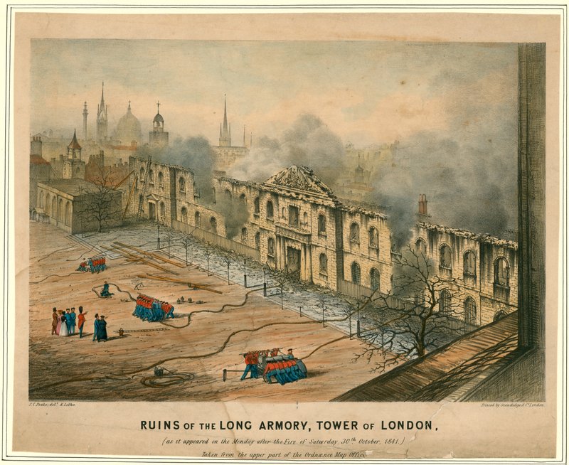 Ruinene av Long Armory, Tower of London Fire, 1841 av English School