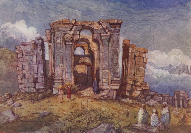 Ruinene av Martand Sun Temple, Kashmir (farge litho) av English School
