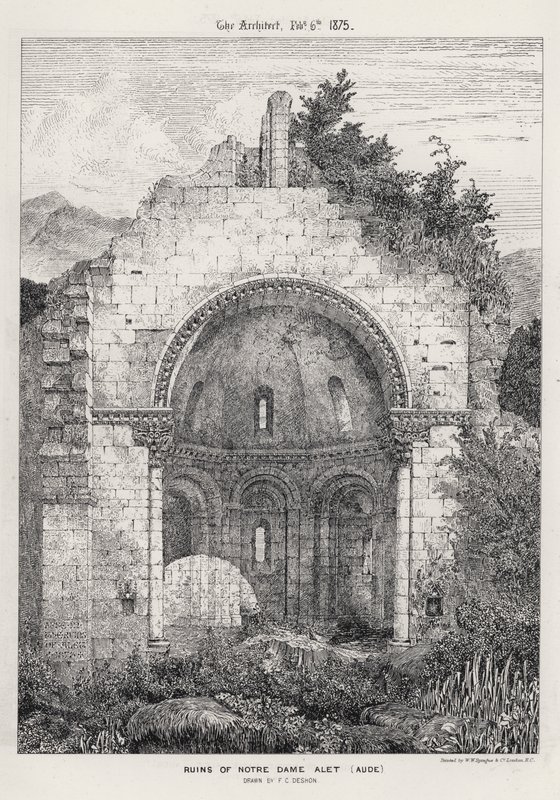 Ruinene av Notre Dame Alet, Aude (gravering) av English School